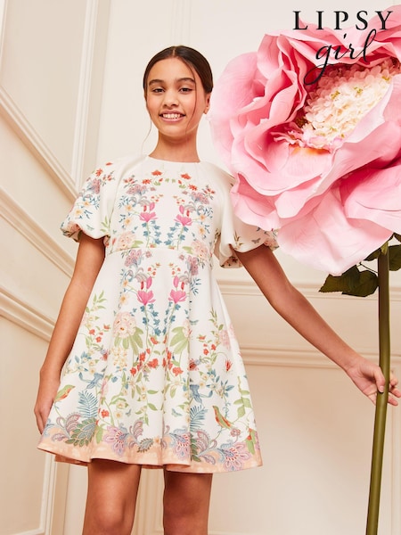 Weiß, Print - Lipsy Puff Sleeve Scuba Occasion Dress (5-16yrs) (Q82814) | 19 € - 24 €