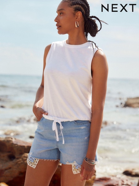 White 100% Cotton Sleeveless Drawstring Top (Q82815) | €6