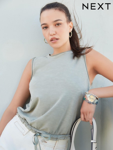 Washed Khaki Green 100% Cotton Sleeveless Drawstring Top (Q82816) | 25 QAR