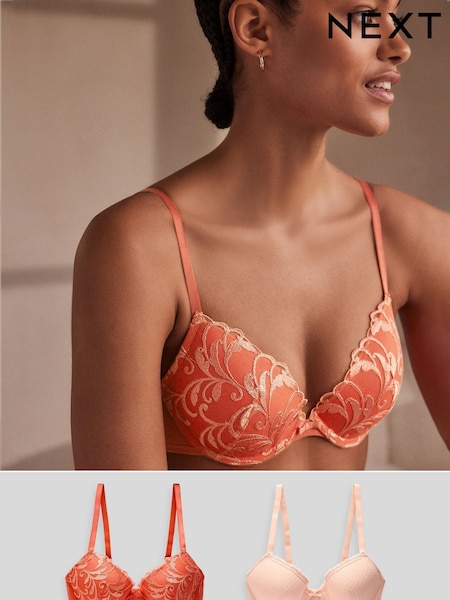Rust Orange/Pink Pad Plunge Embroidered Bras 2 Pack (Q82819) | €16