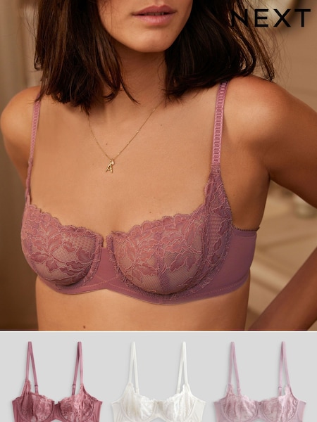 Mauve Purple/Cream/Rose Pink Non Pad Balcony Lace Bras 3 Pack (Q82820) | AED105