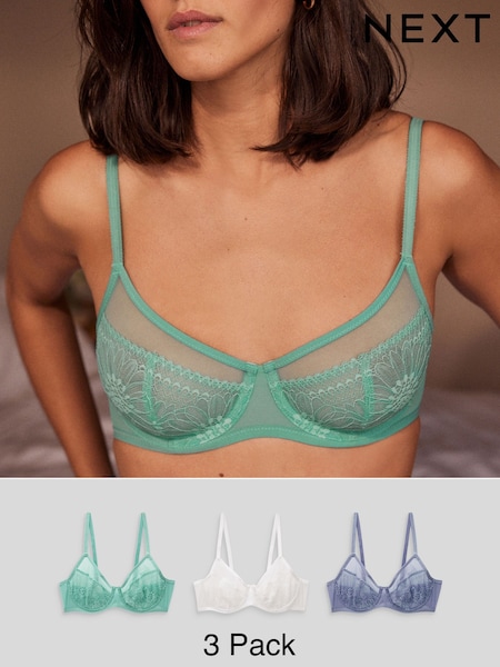 Blue/Green/White Non Pad Full Cup Lace Bras 3 Pack (Q82822) | €25
