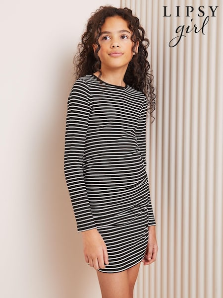 Lipsy Black/ White Stripe Teen Crinkle Ruched Bodycon Dress (9-16yrs) (Q82828) | €9 - €11.50