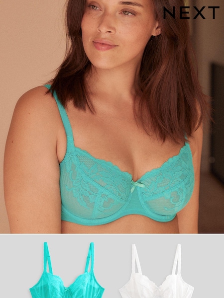 Teal Blue/White Non Pad Balcony DD+ Lace Bras 2 Pack (Q82834) | €14