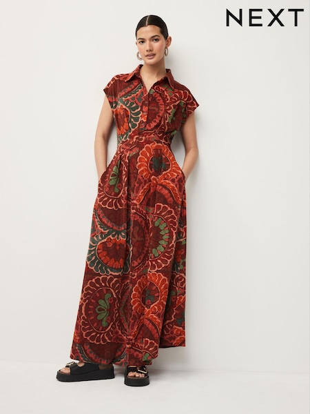 Рыже-оранжевый с принтом - Short Sleeve Maxi Shirt Dress (Q82850) | €21