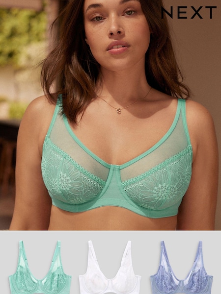 Blue/Green/White DD+ Non Pad Full Cup Lace Bras 3 Pack (Q82856) | €23.50