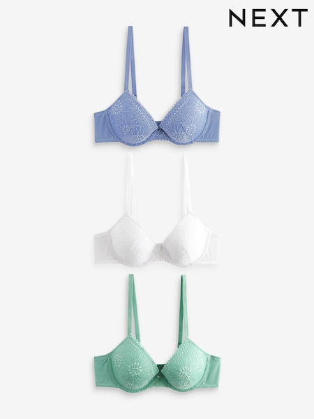Blue/Green/White Pad Plunge Lace Bras 3 Pack (Q82860) | €24