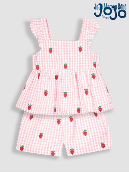 JoJo Maman Bébé Pink 2-Piece Strawberry Seersucker Blouse & Shorts Set (Q82901) | AED172
