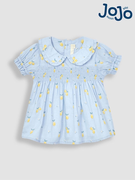 JoJo Maman Bébé Blue Lemon Floral Peter Pan Smocked Top (Q82959) | AED111