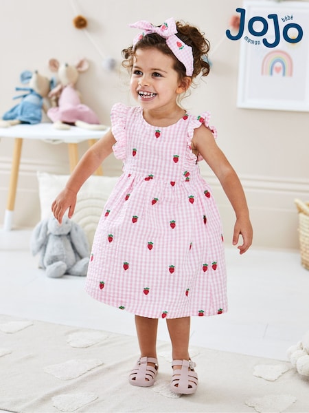 JoJo Maman Bébé Pink Strawberry Embroidered Gingham Pretty Summer Dress (Q82972) | €42