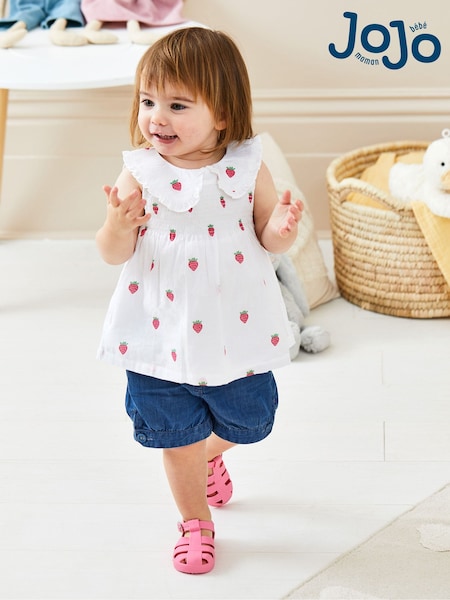 JoJo Maman Bébé White Strawberry Peter Pan Smocked Top (Q82982) | €30