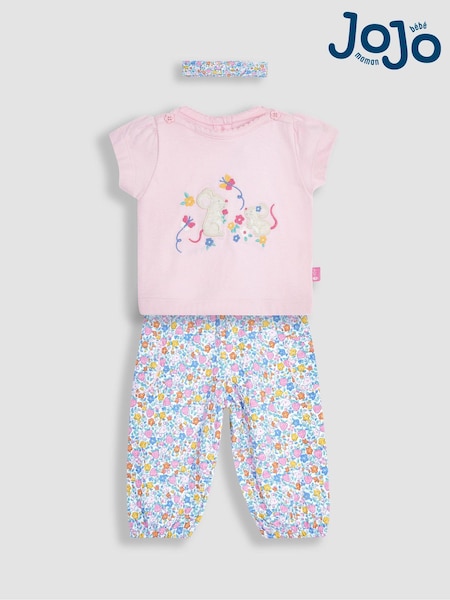 JoJo Maman Bébé Pink 3-Piece Mouse Crinkle Cotton Top & Trousers Set (Q82990) | €41