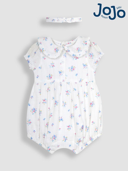 JoJo Maman Bébé Cream 2-Piece Floral Cheesecloth Romper & Headband Set (Q83007) | €47