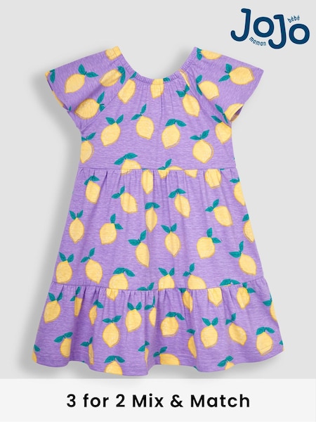 JoJo Maman Bébé Lilac Purple Lemon Ruffle Sleeve Tiered Jersey Dress (Q83117) | € 31