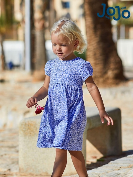 JoJo Maman Bébé Blue Strawberry Ditsy Floral Puff Sleeve Jersey Dress (Q83147) | €27