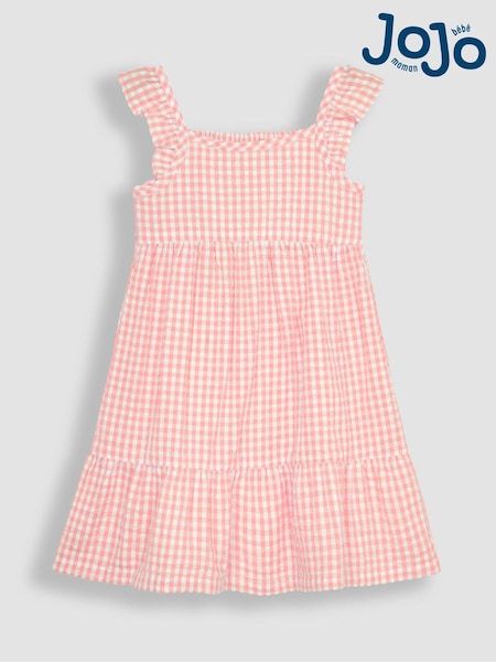 JoJo Maman Bébé Pink Gingham Frill Shoulder Tiered Dress (Q83170) | €33