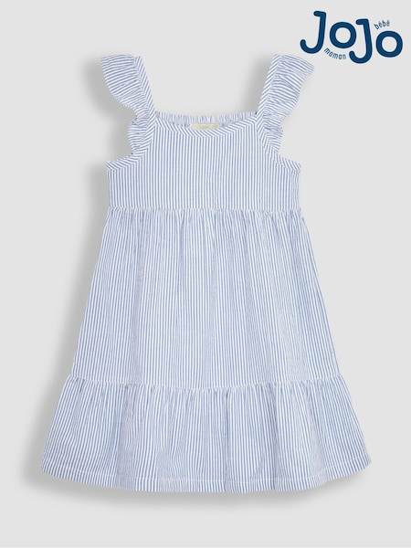 JoJo Maman Bébé Blue Seersucker Stripe Frill Shoulder Tiered Dress (Q83203) | €33