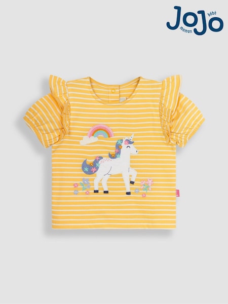 JoJo Maman Bébé Yellow Unicorn Appliqué Frill Sleeve T-Shirt (Q83211) | €27