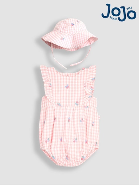 JoJo Maman Bébé Pink Floral Embroidered Gingham Bubble Romper (Q83218) | €49