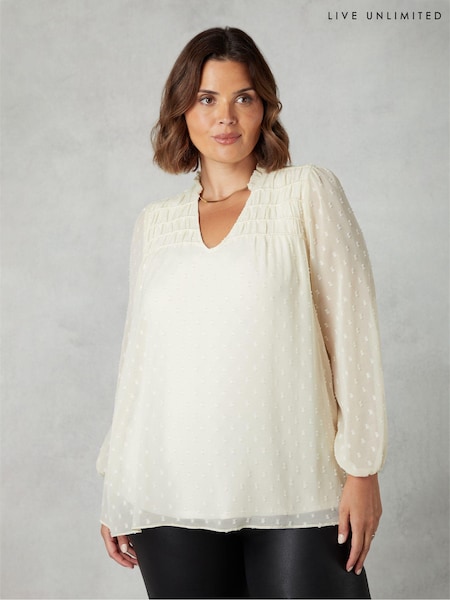 Live Unlimited Ivory White Curve Dobby Ruched Front Blouse (Q83253) | €43.50