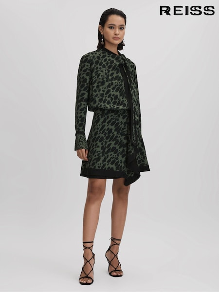 Reiss Black/Dark Khaki Katie Printed Tie Neck Mini Dress (Q83283) | €85