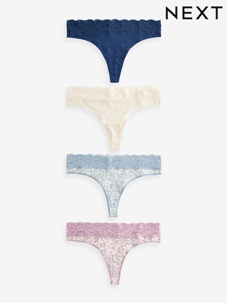 Cream/Blue Printed Thong Cotton and Lace Knickers 4 Pack (Q83292) | AED31