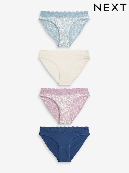 Cream/Blue Printed High Leg Cotton and Lace Knickers 4 Pack (Q83295) | €17