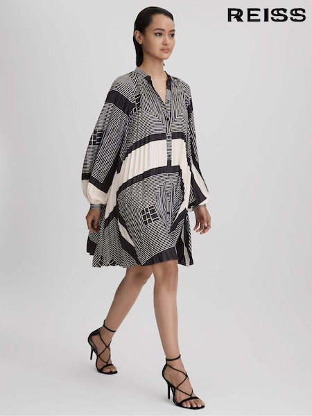 Reiss Black/White Bay Printed Pleated Mini Dress (Q83326) | €301