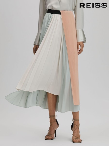 Reiss Pink/Cream Maddie Pleated Asymmetric Midi Skirt (Q83335) | 1,455 QAR