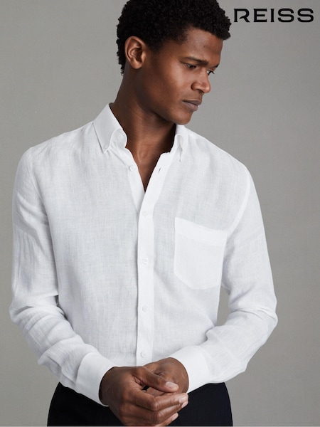 Reiss White Queens 100% Linen Button-Down Collar Shirt (Q83389) | 720 QAR