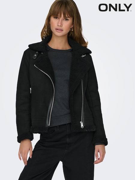 ONLY Black Faux Suede Aviator Jacket With Teddy Borg Lining (Q83624) | €36