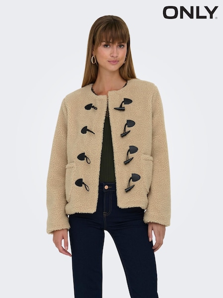 ONLY Cream Collarless Cosy Teddy Borg Coat With Toggle Button (Q83626) | €26