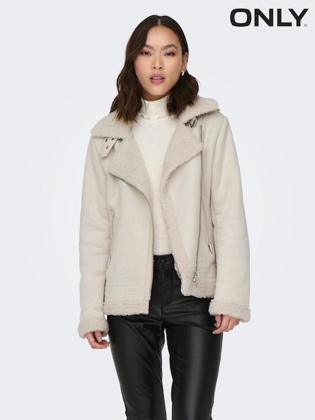 ONLY Cream Faux Suede Aviator Jacket With Teddy Borg Lining (Q83646) | €30