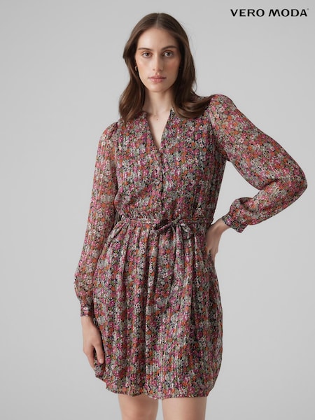 VERO MODA Floral Print Long Sleeve Tie Waist Mini Dress (Q83659) | €13