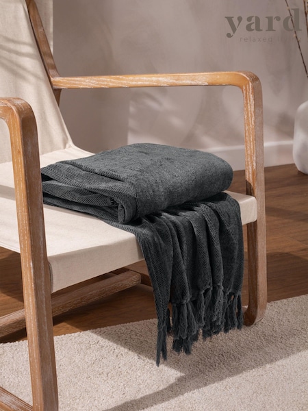 Yard Dusk Blue Harri Herringbone Fringed 100% Cotton Throw (Q83678) | 119 QAR
