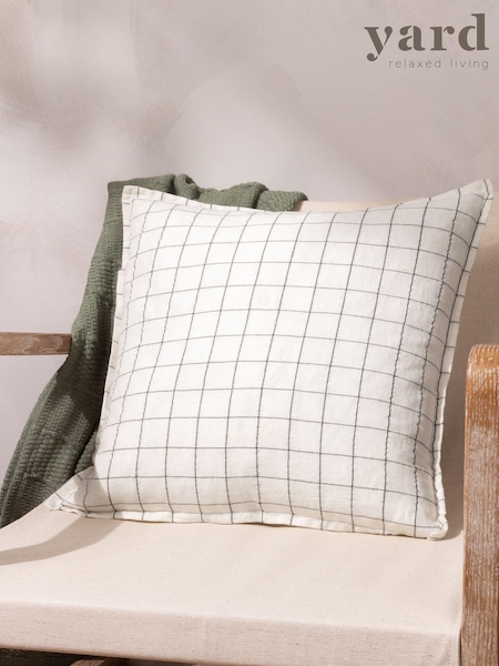 Yard Ecru Cream 100% Linen Grid Check Polyester Filled Cushion (Q83809) | €37