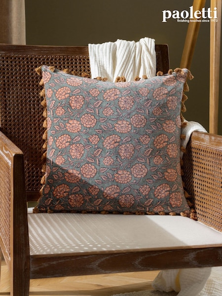 Paoletti Blue Marisa Floral 100% Cotton Velvet Polyester Filled Cushion (Q83883) | 49 QAR