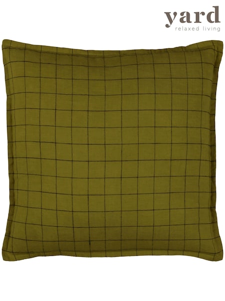 Yard Olive Green 100% Linen Grid Check Feather Filled Cushion (Q83907) | €42