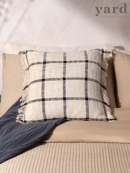 Yard Natural Beige Beni Check Fringed Feather Filled 100% Cotton Cushion (Q84106) | €25
