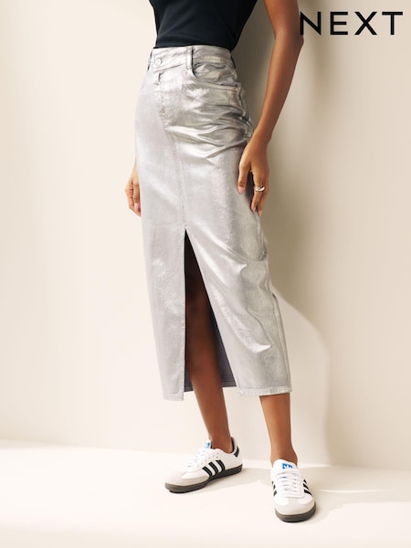 Silver Metallic Asymmetric Waist Denim Midi Skirt (Q84243) | €17