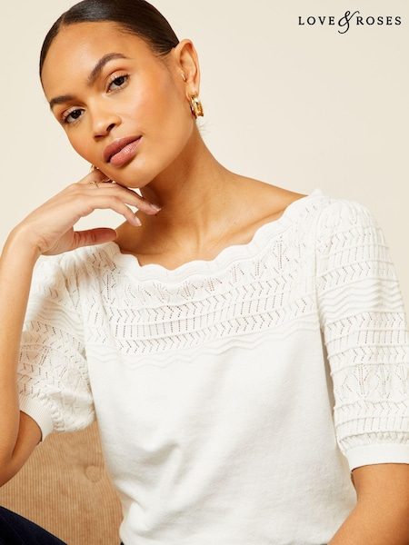 Fildeș alb - Love & Roses Pulover cu gât feston Pointelle (Q84250) | 129 LEI