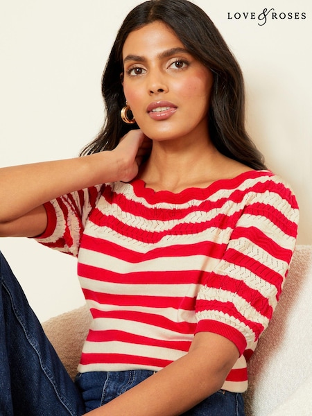 Love & Roses Red Pointelle Scallop Neck Knitted Top (Q84261) | €20