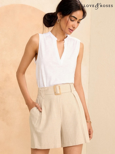 Love & Roses Tailored Pinstripe Belted Shorts With Linen (Q84353) | 114 LEI