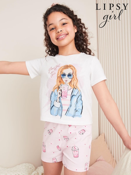 Lipsy Light Pink/ White Jersey Shorts Pyjamas (5-16yrs) (Q84692) | €26 - €37