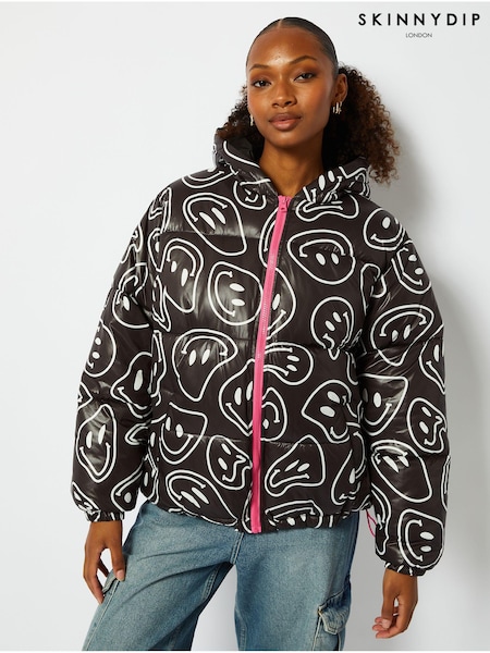 Skinnydip Warped Happy Face Hooded Puffer Black Jacket (Q84746) | €44.50