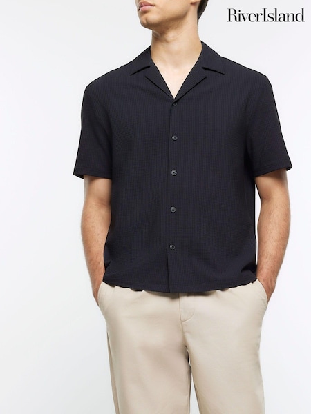River Island Black 100% Cotton Short Sleeve Seersucker Revere Shirt (Q84831) | €20