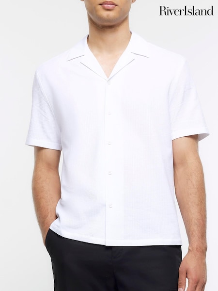 River Island White Regular Fit Seersucker Revere 100% Cotton Shirt (Q84832) | €18.50