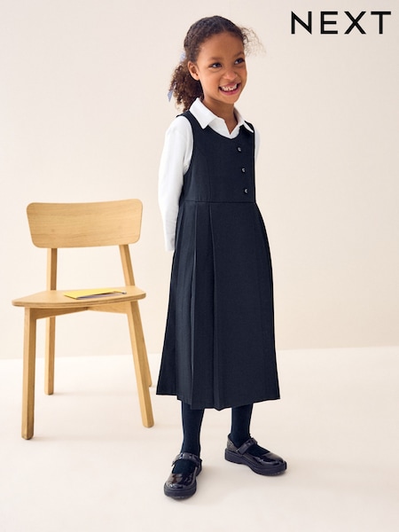 Navy Blue Asymmetric Button Front Long Pinafore School Dress (3-14yrs) (Q84886) | €20 - €24