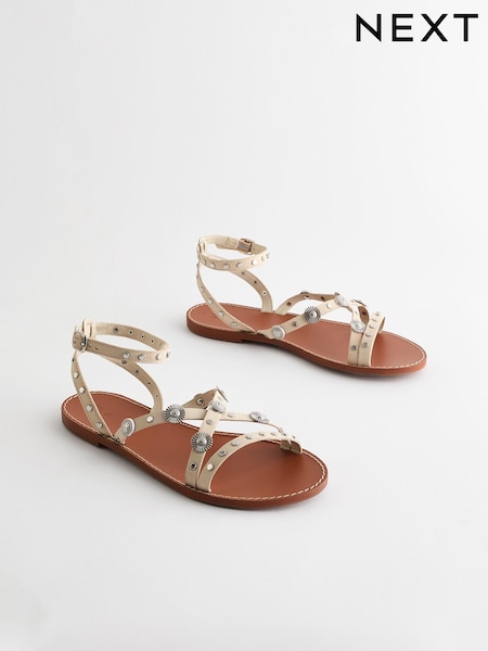 Bone Leather Studded Flat Sandals (Q84907) | AED70