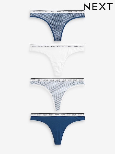 White/Blue Geo Print Thong Cotton Rich Logo Knickers 4 Pack (Q85082) | AED35